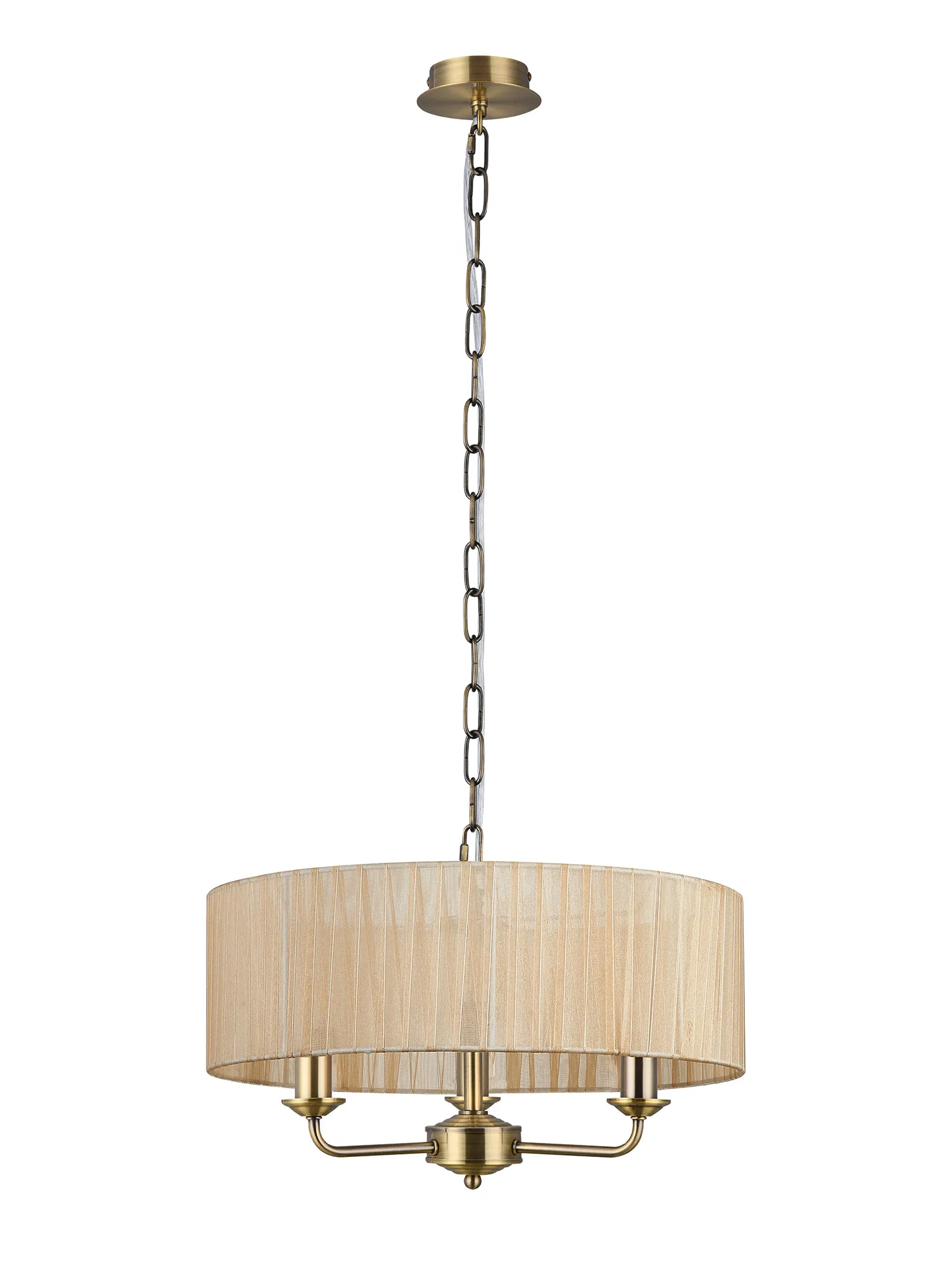 Banyan 3 Light Multi Arm Pendant With 45cm x 15cm Organza Shade Antique Brass/Soft Bronze DK0869  Deco Banyan AB SB